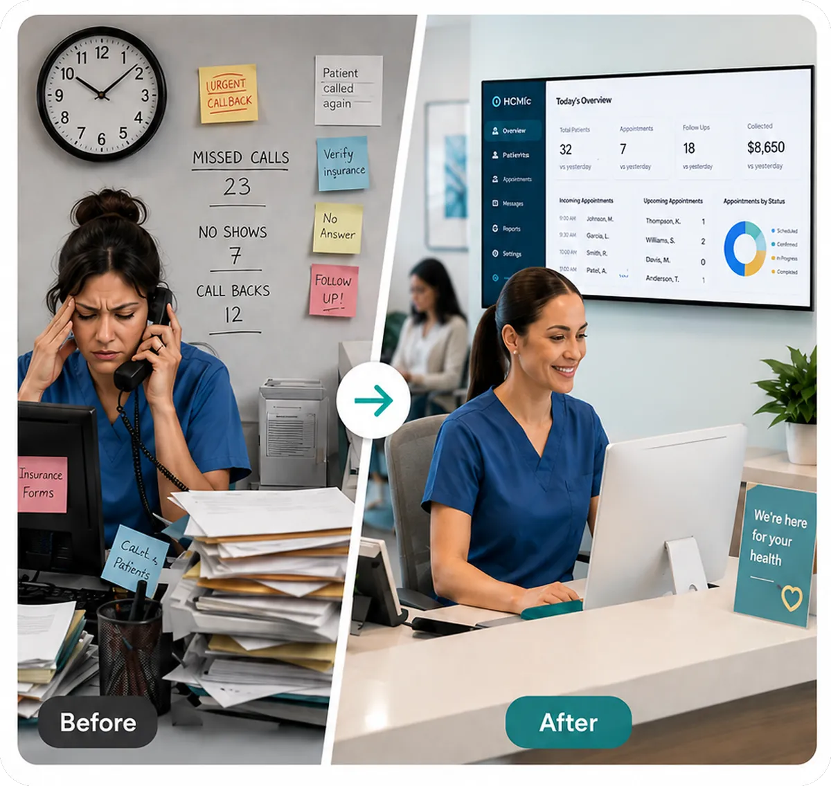 Before: an overwhelmed front desk buried in missed-call notes. After: a calm receptionist using HiClinic's dashboard